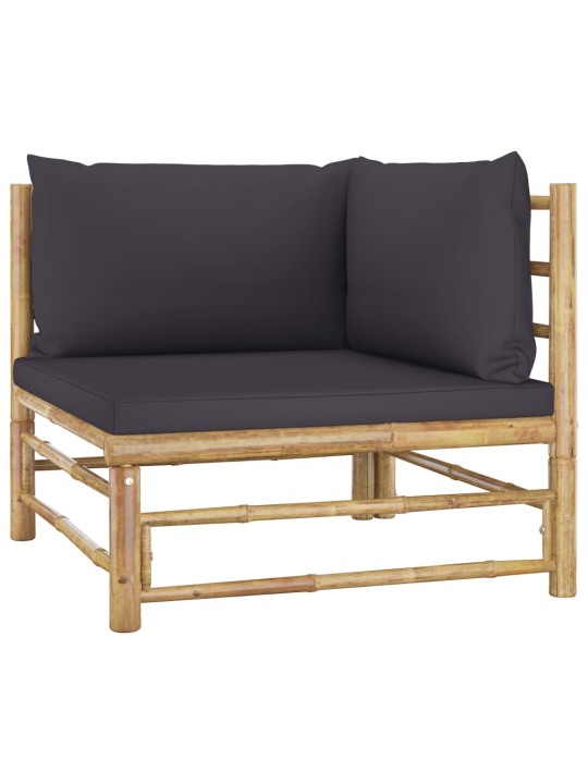 Kampinė sodo sofa su tamsiai pilkomis pagalvėlėmis, bambukas