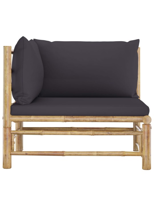 Kampinė sodo sofa su tamsiai pilkomis pagalvėlėmis, bambukas