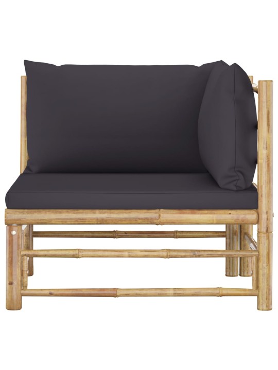 Kampinė sodo sofa su tamsiai pilkomis pagalvėlėmis, bambukas