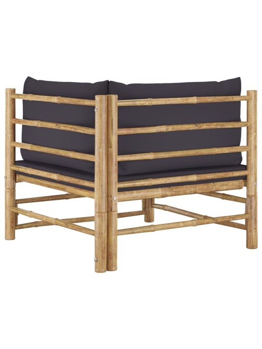 Kampinė sodo sofa su tamsiai pilkomis pagalvėlėmis, bambukas