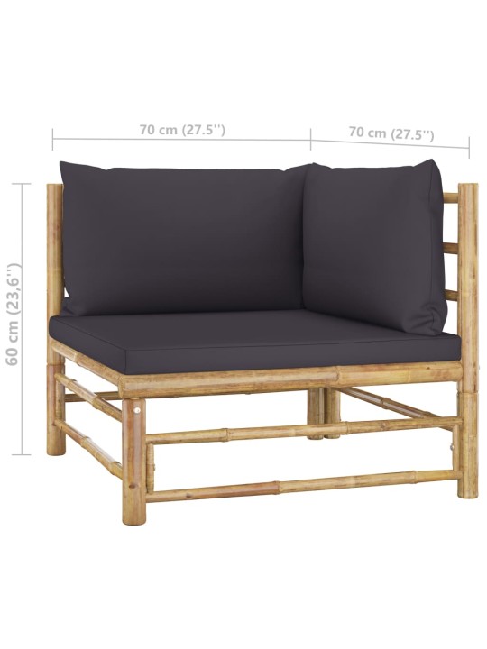 Kampinė sodo sofa su tamsiai pilkomis pagalvėlėmis, bambukas