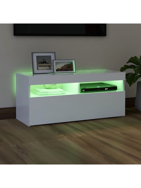 Televizoriaus spintelė su LED apšvietimu, balta, 90x35x40cm