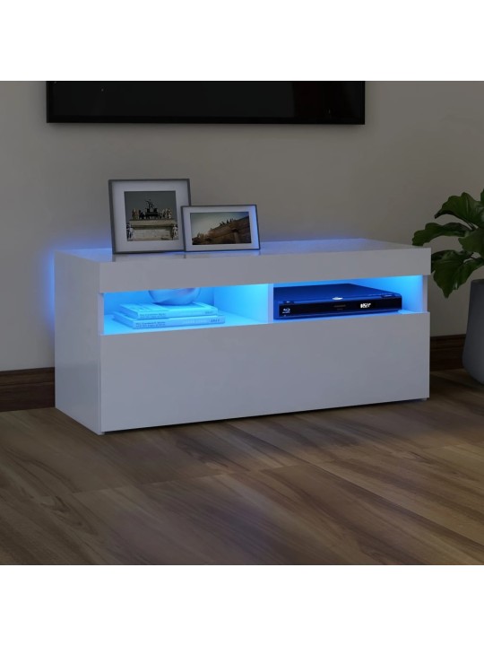 Televizoriaus spintelė su LED apšvietimu, balta, 90x35x40cm