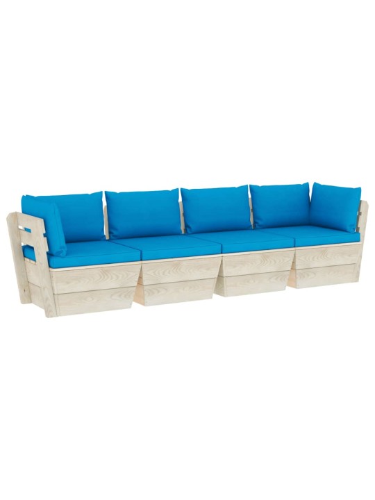 Keturvietė sodo sofa iš palečių su pagalvėlėmis, eglės mediena