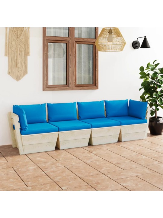Keturvietė sodo sofa iš palečių su pagalvėlėmis, eglės mediena