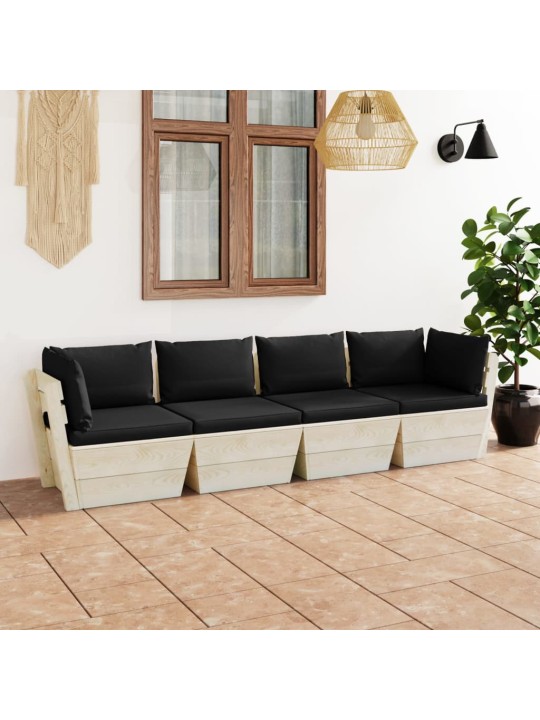 Keturvietė sodo sofa iš palečių su pagalvėlėmis, eglės mediena