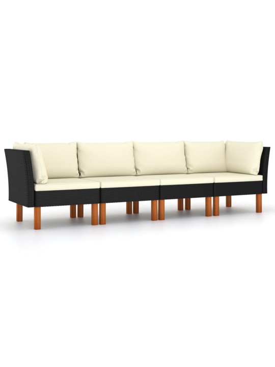 Keturvietė sodo sofa su pagalvėlėmis, juoda, poliratanas
