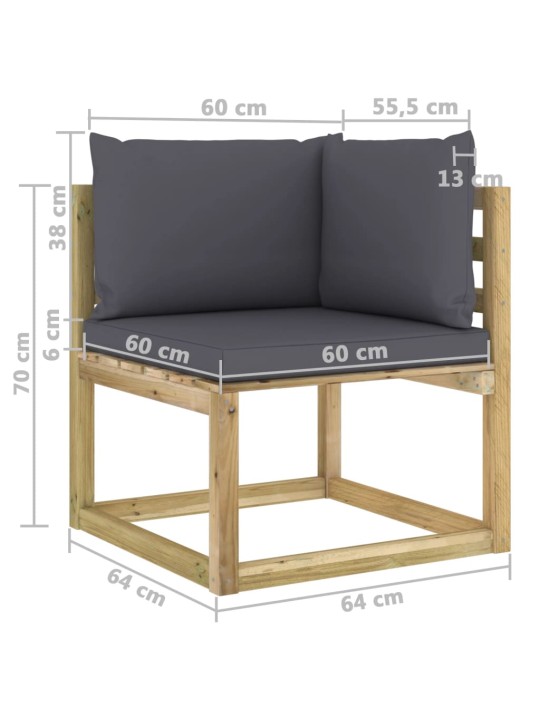 Kampinė sodo sofa su pagalvėlėmis, žaliai impregnuota pušis