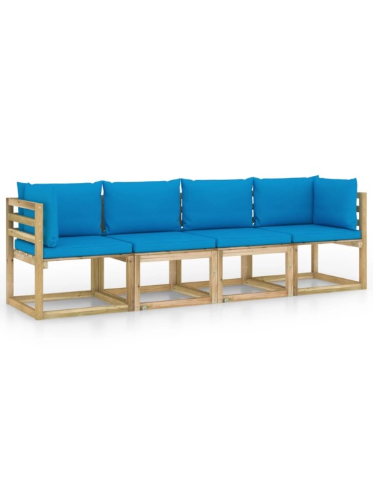 Keturvietė sodo sofa su šviesiai mėlynos spalvos pagalvėlėmis