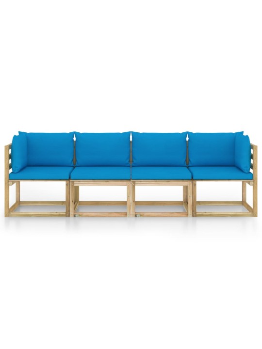 Keturvietė sodo sofa su šviesiai mėlynos spalvos pagalvėlėmis