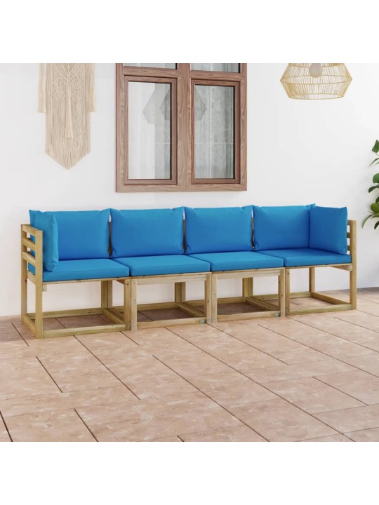 Keturvietė sodo sofa su šviesiai mėlynos spalvos pagalvėlėmis
