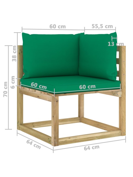 Kampinė sodo sofa su pagalvėlėmis, žaliai impregnuota pušis
