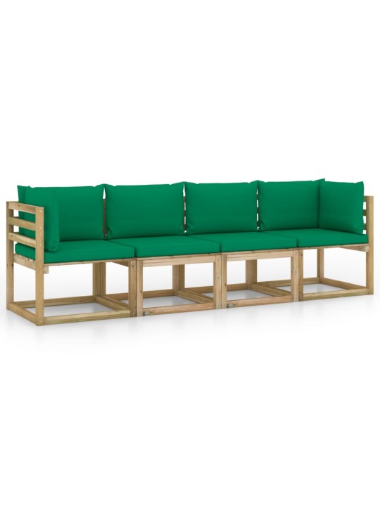 Keturvietė sodo sofa su žalios spalvos pagalvėlėmis