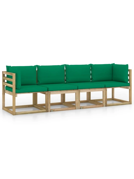 Keturvietė sodo sofa su žalios spalvos pagalvėlėmis