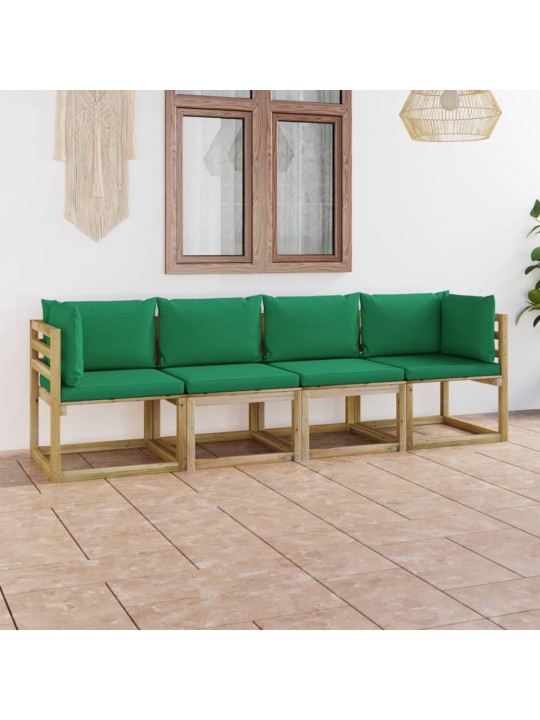 Keturvietė sodo sofa su žalios spalvos pagalvėlėmis
