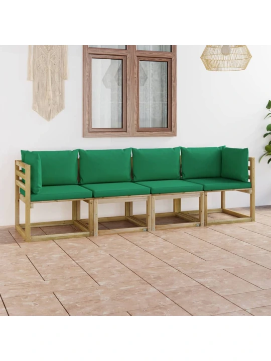Keturvietė sodo sofa su žalios spalvos pagalvėlėmis