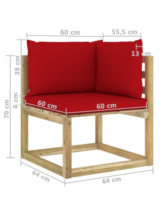 Kampinė sodo sofa su pagalvėlėmis, žaliai impregnuota pušis