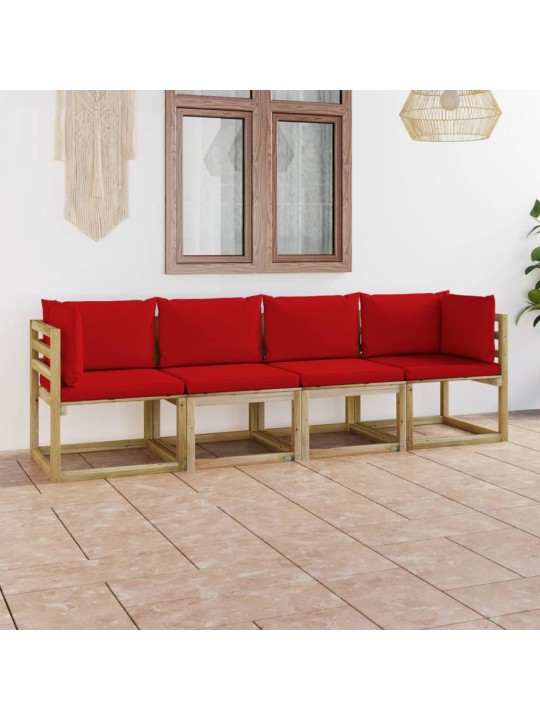 Keturvietė sodo sofa su raudonos spalvos pagalvėlėmis