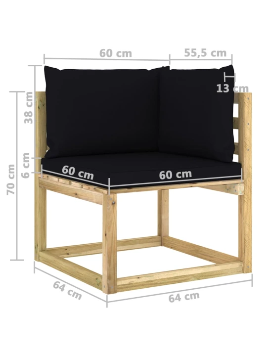 Kampinė sodo sofa su pagalvėlėmis, žaliai impregnuota pušis