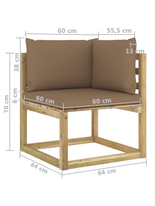 Kampinė sodo sofa su pagalvėlėmis, žaliai impregnuota pušis