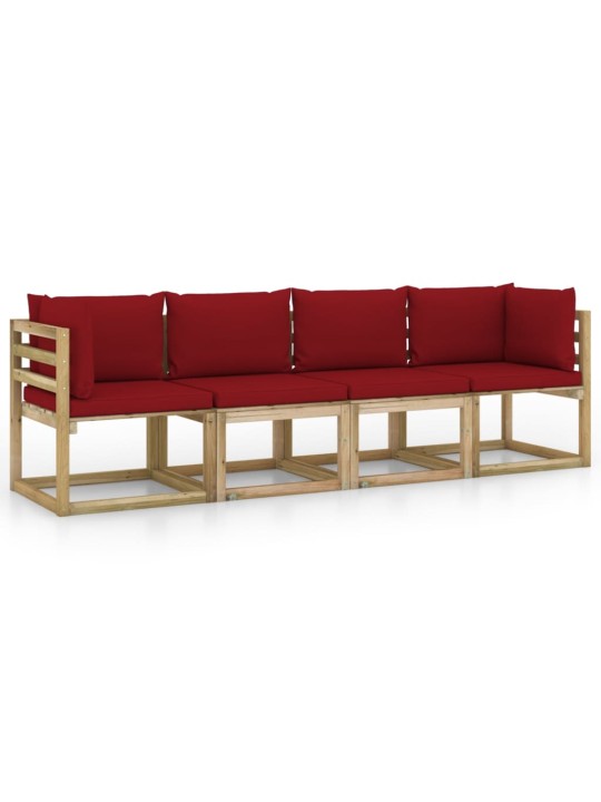 Keturvietė sodo sofa su raudonojo vyno spalvos pagalvėlėmis