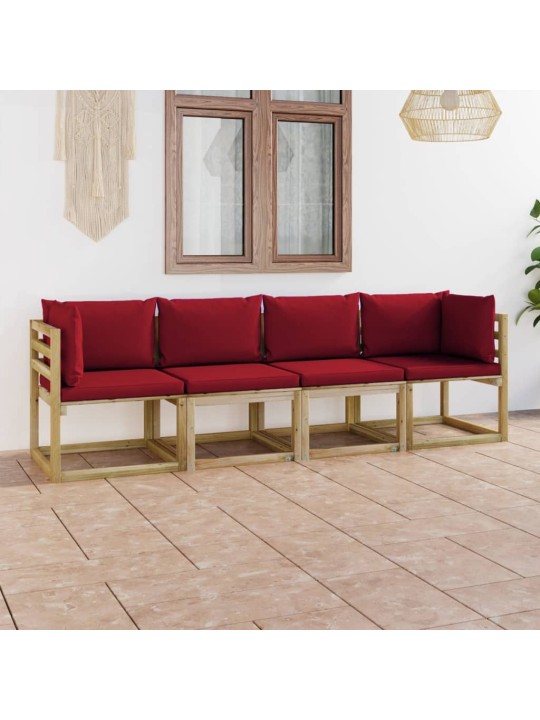 Keturvietė sodo sofa su raudonojo vyno spalvos pagalvėlėmis