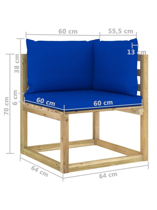 Kampinė sodo sofa su pagalvėlėmis, žaliai impregnuota pušis