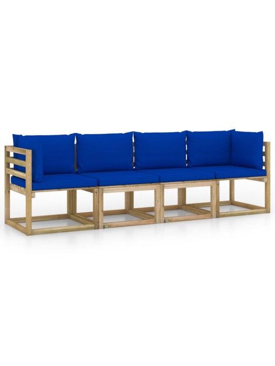 Keturvietė sodo sofa su mėlynos spalvos pagalvėlėmis