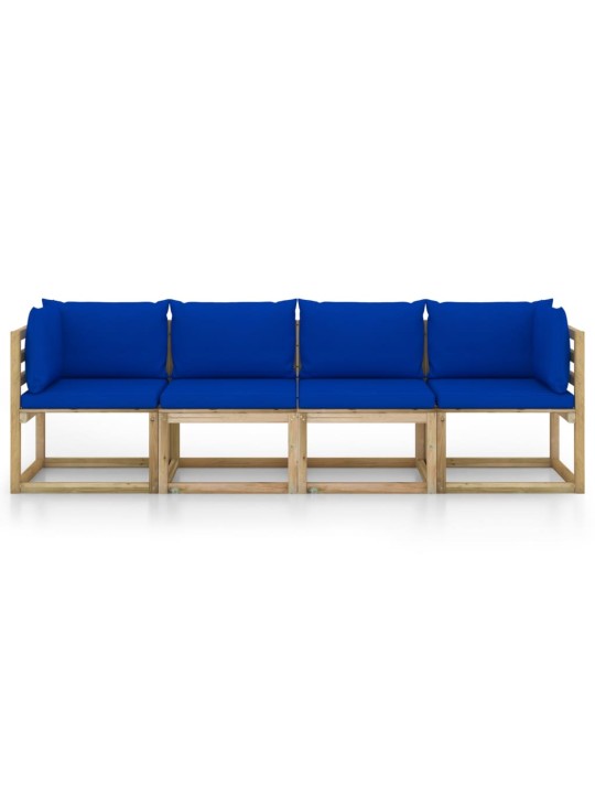 Keturvietė sodo sofa su mėlynos spalvos pagalvėlėmis
