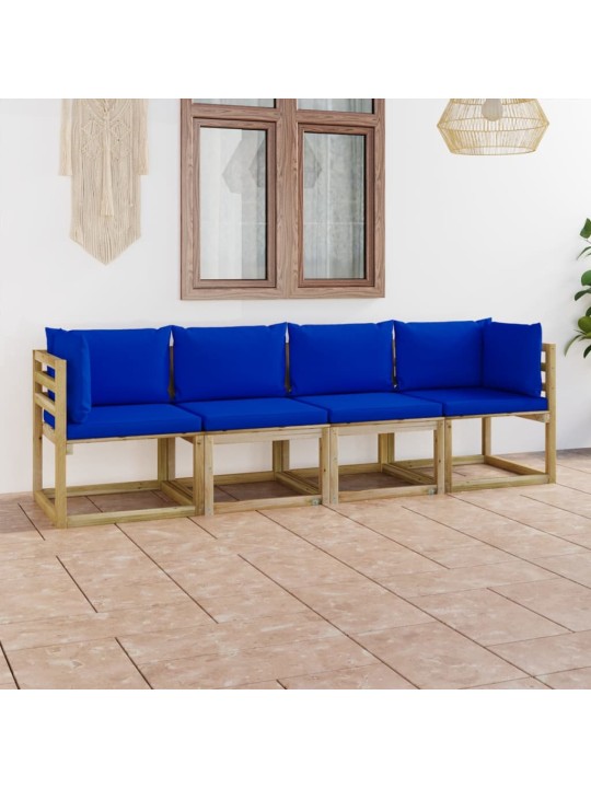 Keturvietė sodo sofa su mėlynos spalvos pagalvėlėmis