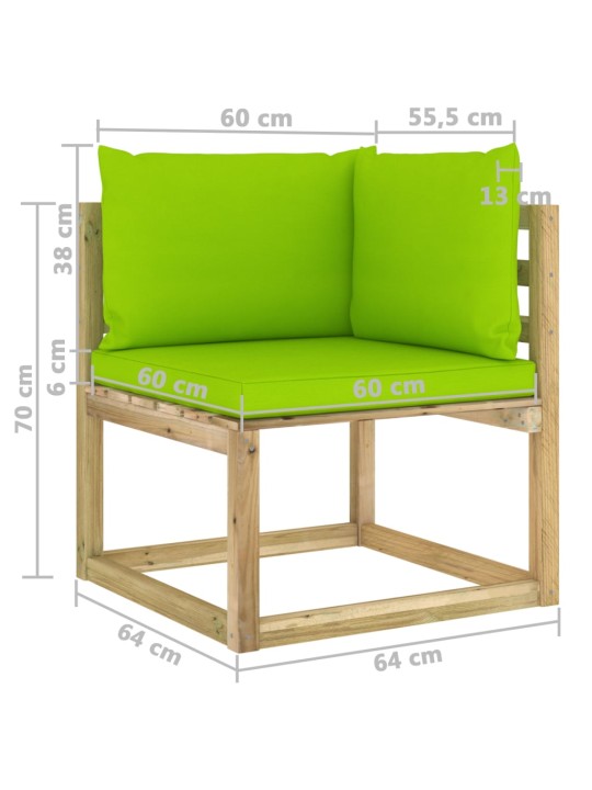 Kampinė sodo sofa su pagalvėlėmis, žaliai impregnuota pušis