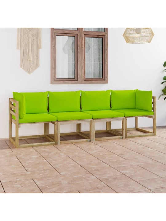 Keturvietė sodo sofa su šviesiai žalios spalvos pagalvėlėmis