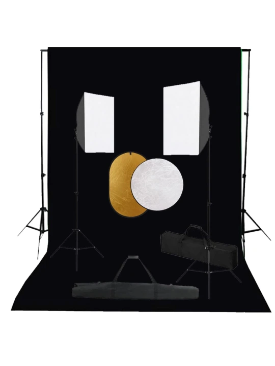 Fotostudijos komplektas su šviesdėžėmis, fonu ir reflektoriumi