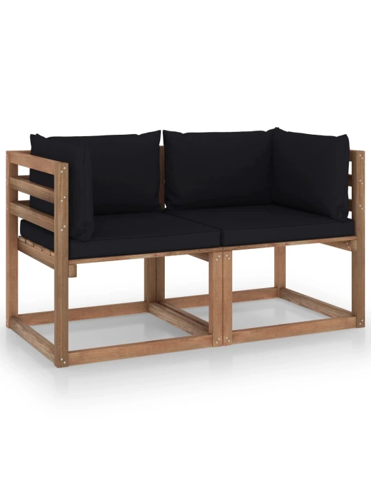Dvivietė sodo sofa iš palečių su juodomis pagalvėlėmis, pušis
