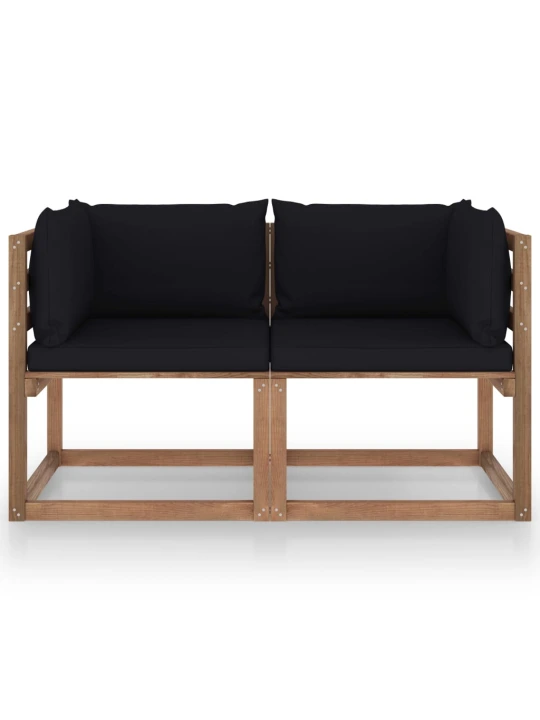 Dvivietė sodo sofa iš palečių su juodomis pagalvėlėmis, pušis
