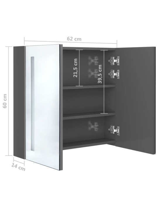 Veidrodinė vonios spintelė su LED apšvietimu, pilka, 62x14x60cm