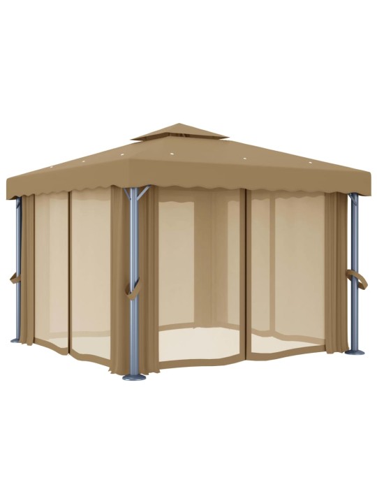Pavėsinė su užuolaidomis, taupe spalvos, 3x3m, aliuminis