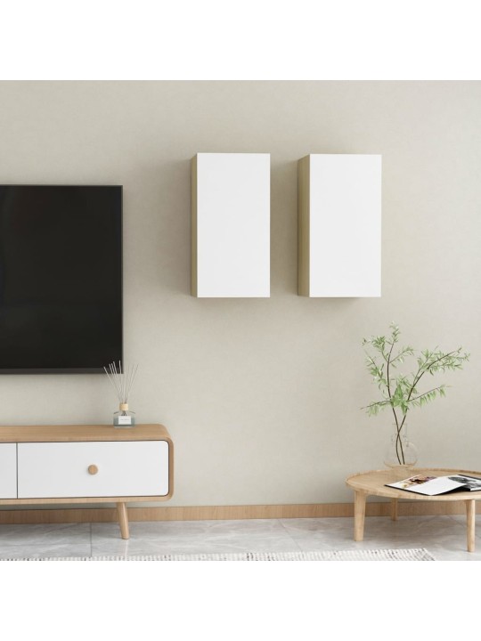 Televizoriaus spintelės, 2vnt., baltos ir ąžuolo, 30,5x30x60cm, MDP