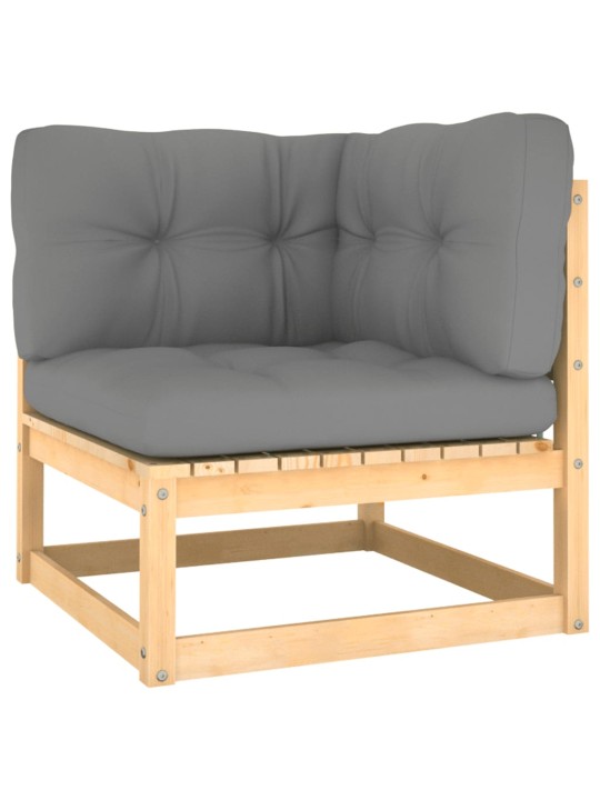 Kampinė sodo sofa su pilkomis pagalvėlėmis, pušies masyvas