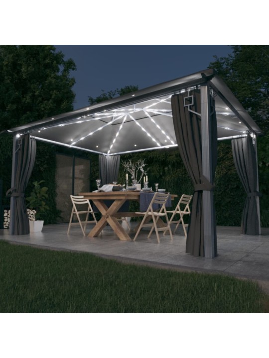 Pavėsinė su užuolaidomis ir lemputėmis LED, antracito, 4x3 m