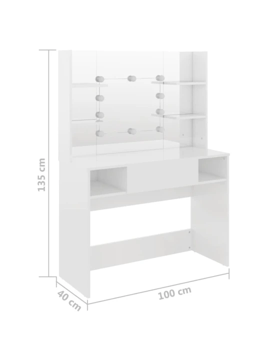 Kosmetinis staliukas su LED, blizgus baltas, 100x40x135cm, MDF