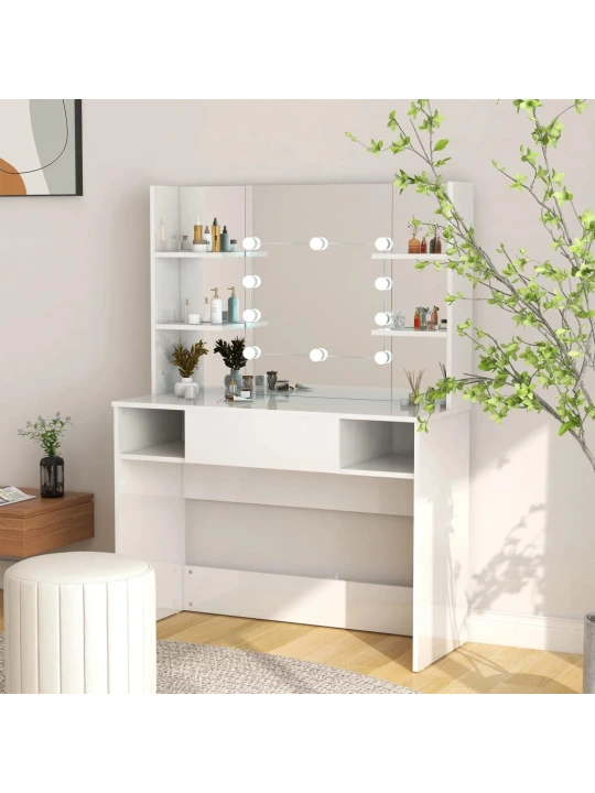 Kosmetinis staliukas su LED, blizgus baltas, 100x40x135cm, MDF