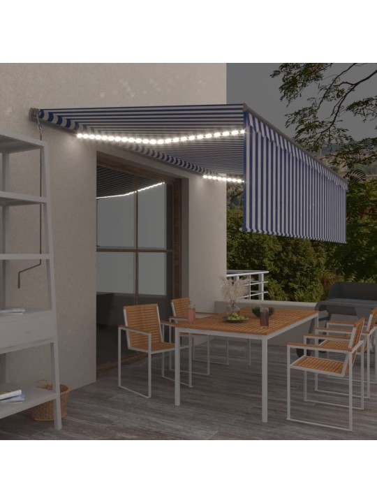 Markizė su uždanga/LED/vėjo jutikliu, mėlyna/balta, 5x3m