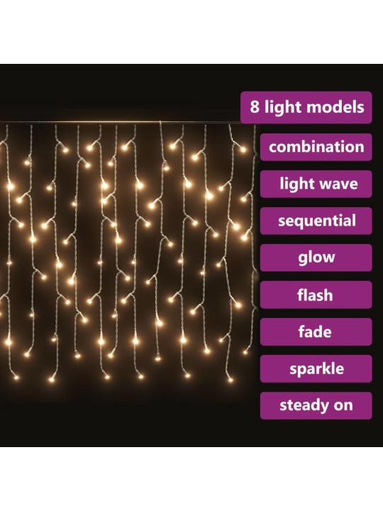 LED girlianda varvekliai, 10m, 400 šiltų baltų LED, 8 funkcijos