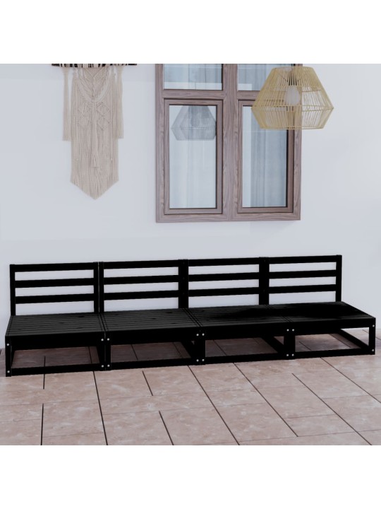 Keturvietė sodo sofa, juodos spalvos, pušies medienos masyvas