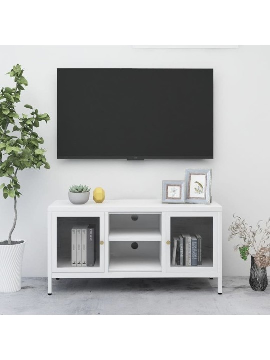 Televizoriaus spintelė, balta, 105x35x52cm, plienas ir stiklas