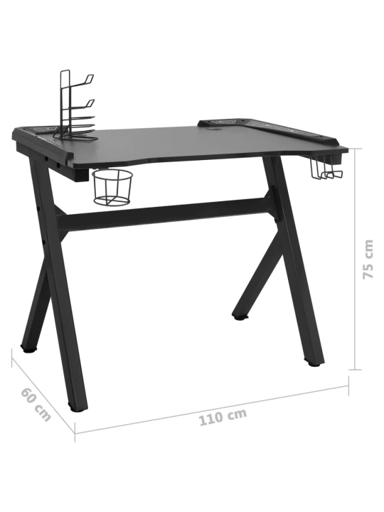 Žaidimų stalas su LED ir Y kojelėmis, juodas, 110x60x75cm