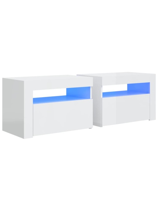 Naktinės spintelės su LED, 2vnt., baltos, 60x35x40cm, blizgios