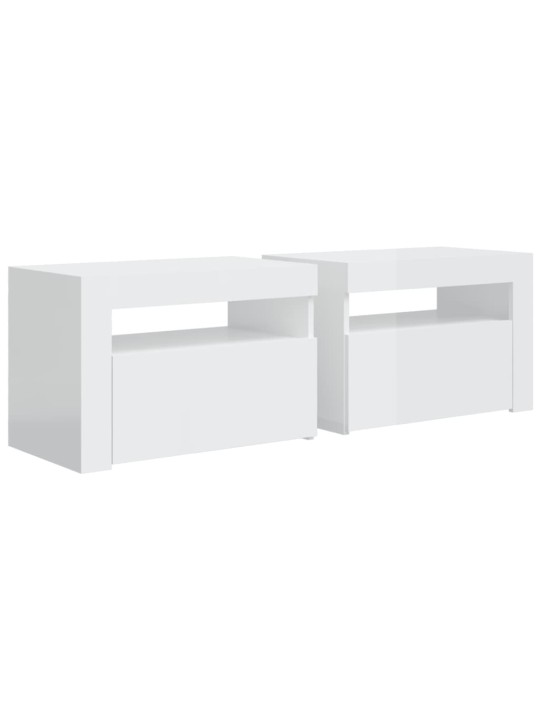 Naktinės spintelės su LED, 2vnt., baltos, 60x35x40cm, blizgios
