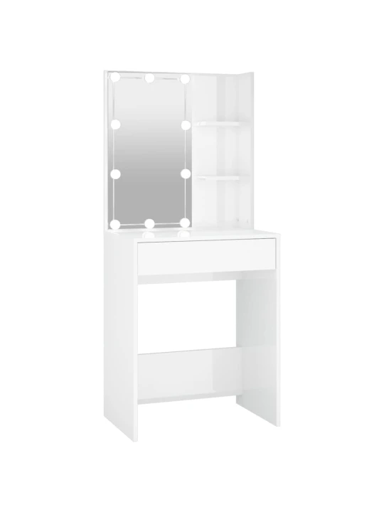 Kosmetinis staliukas su LED, baltas, 60x40x140cm, blizgus